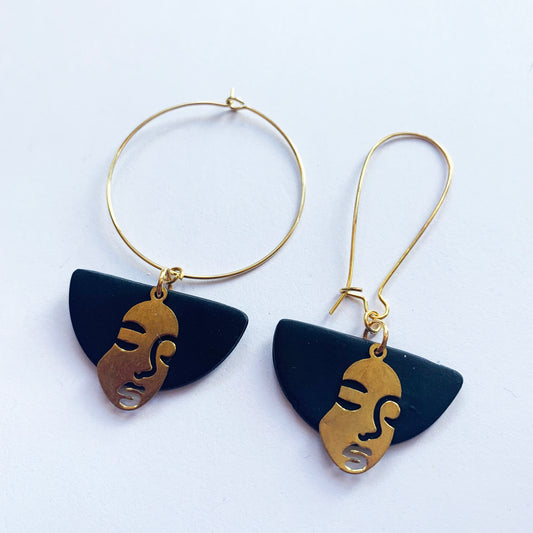 Angelica Black Brass Face Charm Hoop Earring