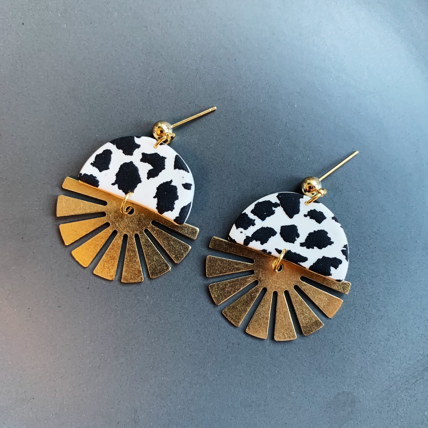 Indie Dalmatian Brass Half Sun Charm Ball Stud Earring