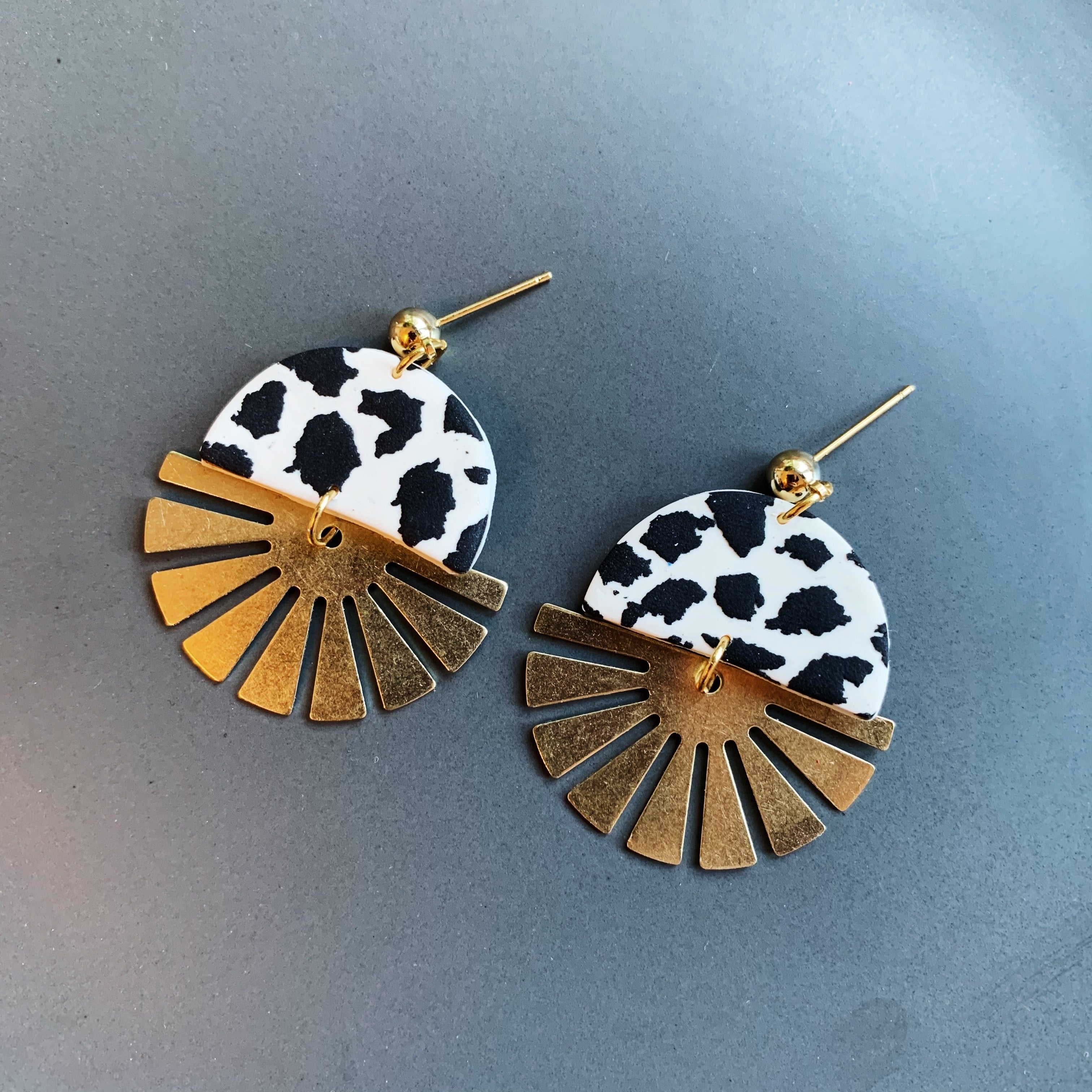 Indie Dalmatian Brass Half Sun Charm Ball Stud Earring