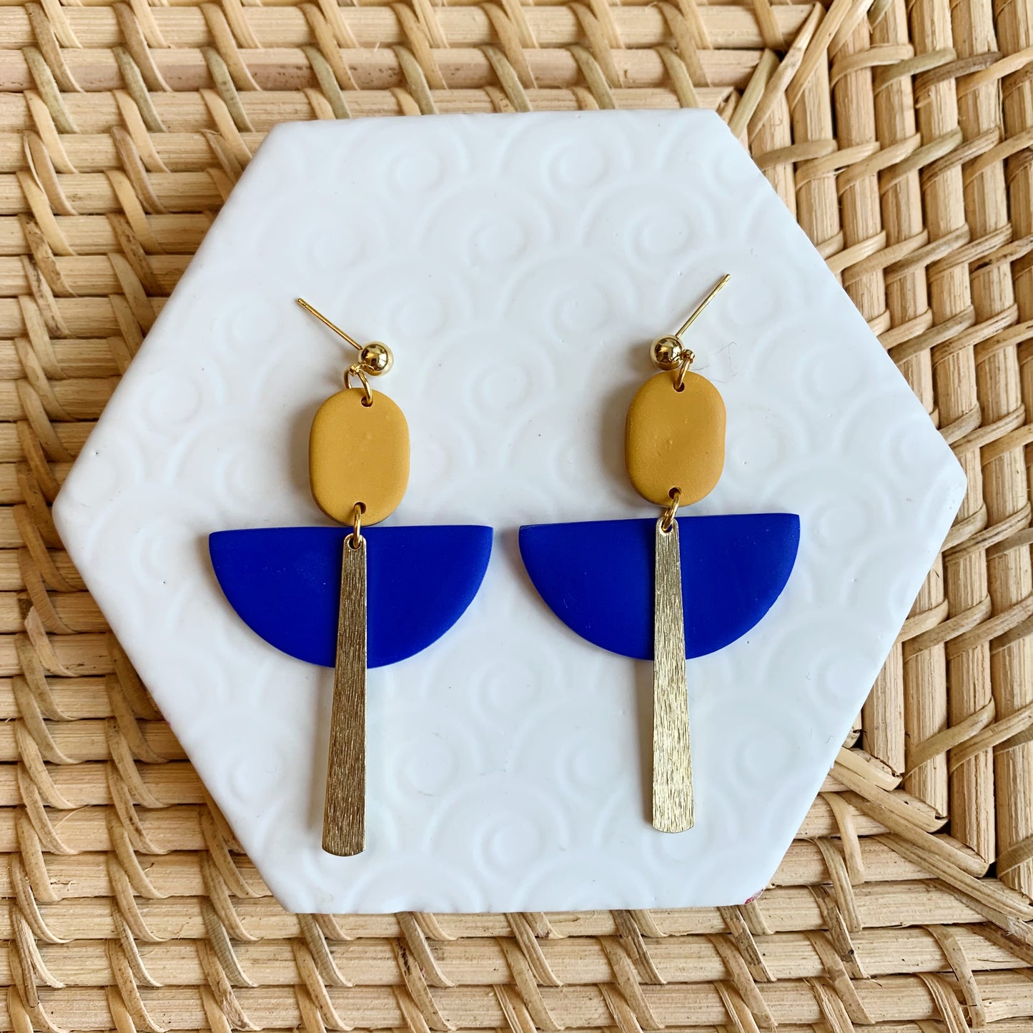 Flame Blue and Mustard Art Deco Ball Stud Earring