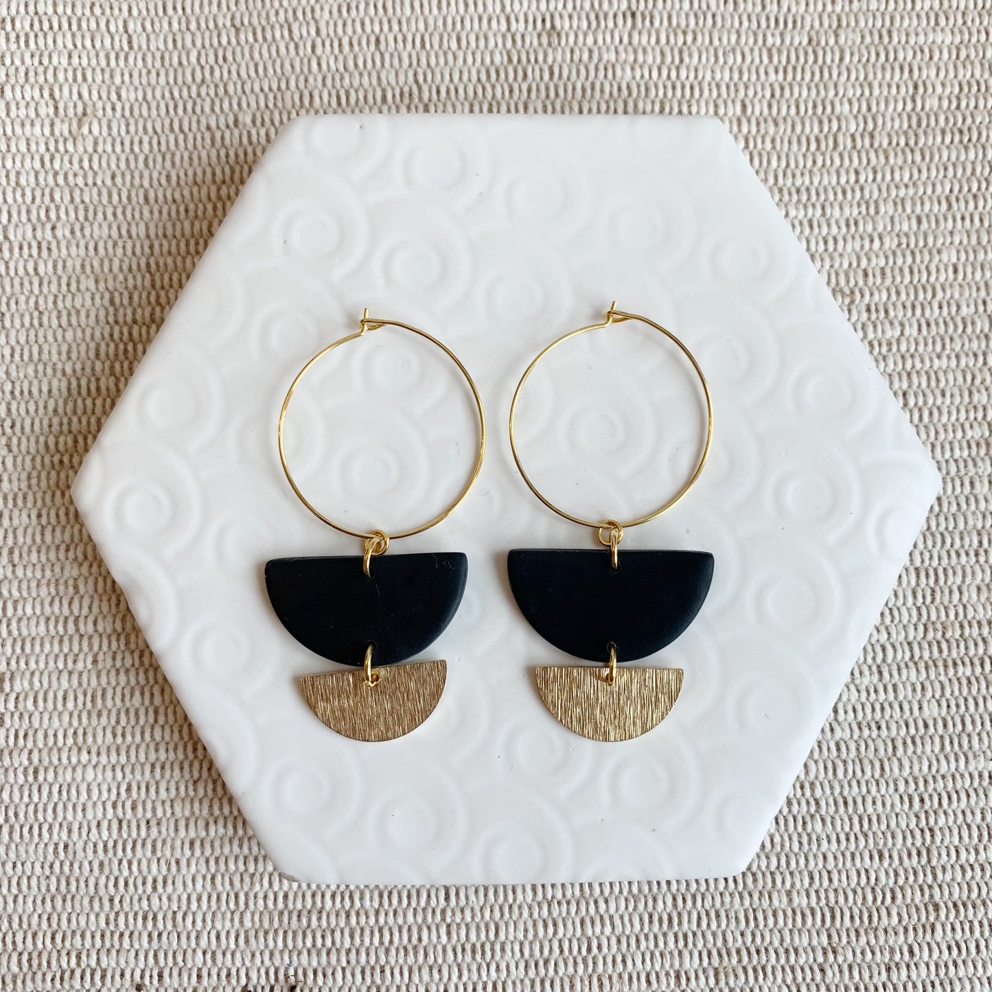 Lottie Black Textured Charm Hoop Earring