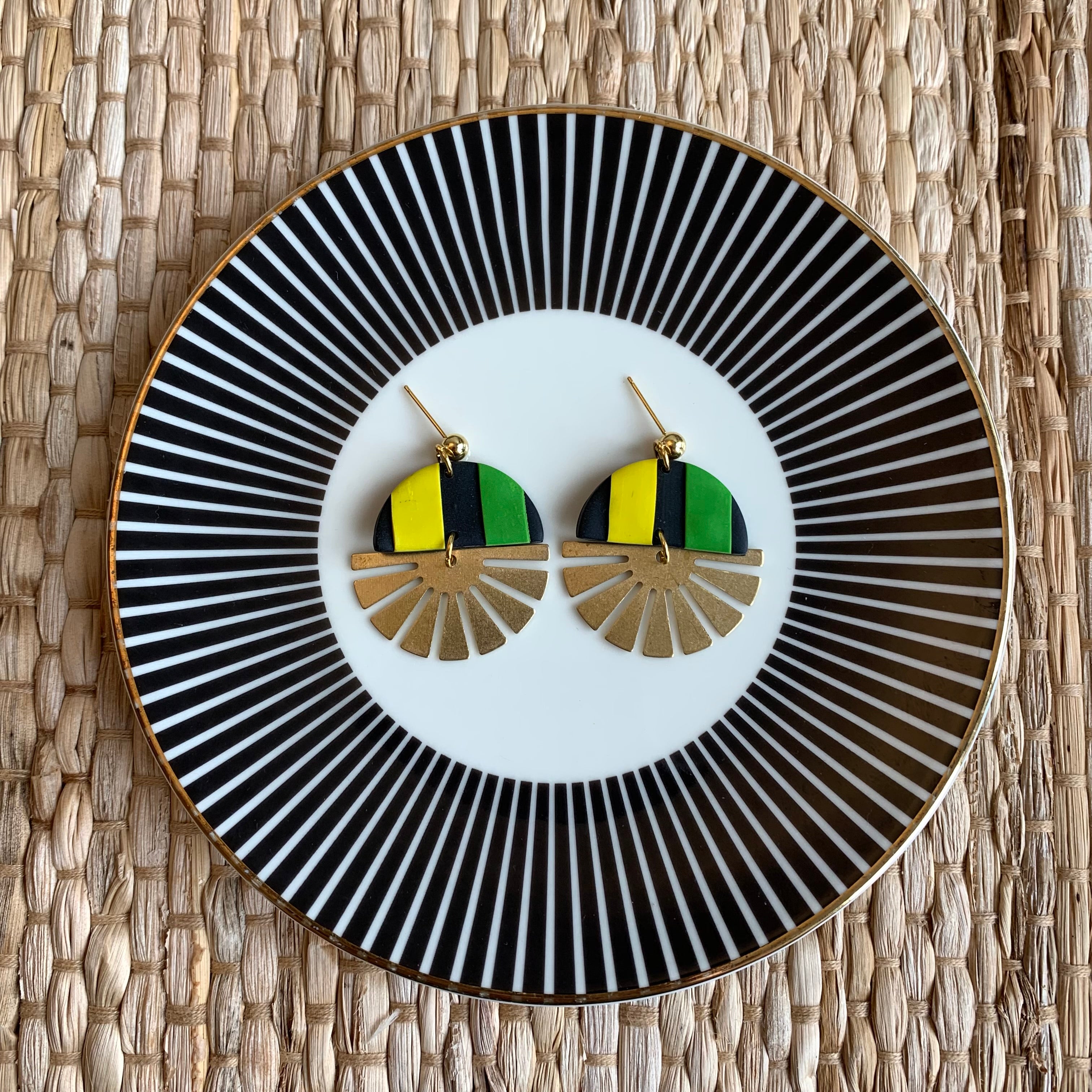 Indie Jamaican Flag Brass Half Sun Charm Ball Stud Earring