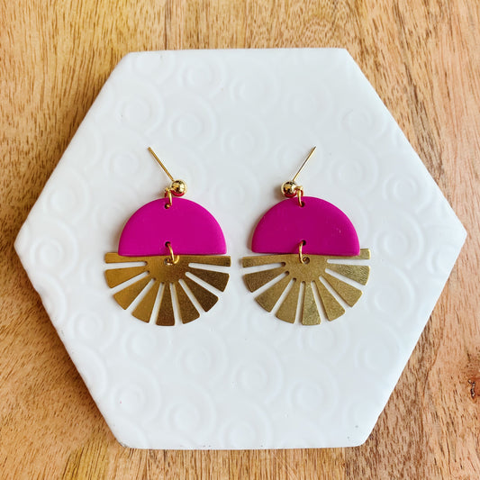 Indie Pink Brass Half Sun Charm Ball Stud Earring