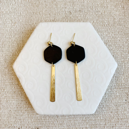 Lola Black Clay Diamond With Long Brass Charm Ball Stud Earring