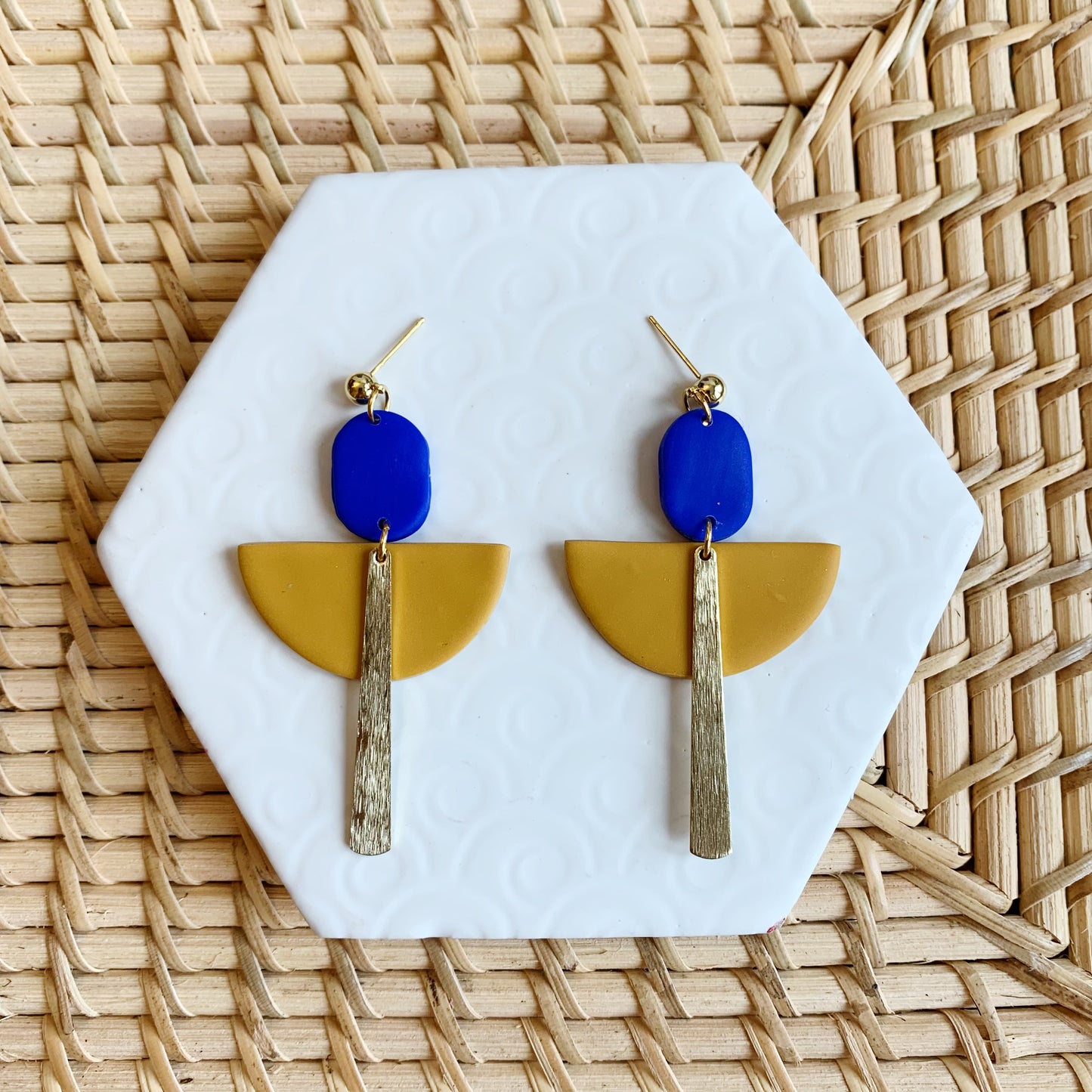 Flame Mustard and Blue Art Deco Ball Stud Earring