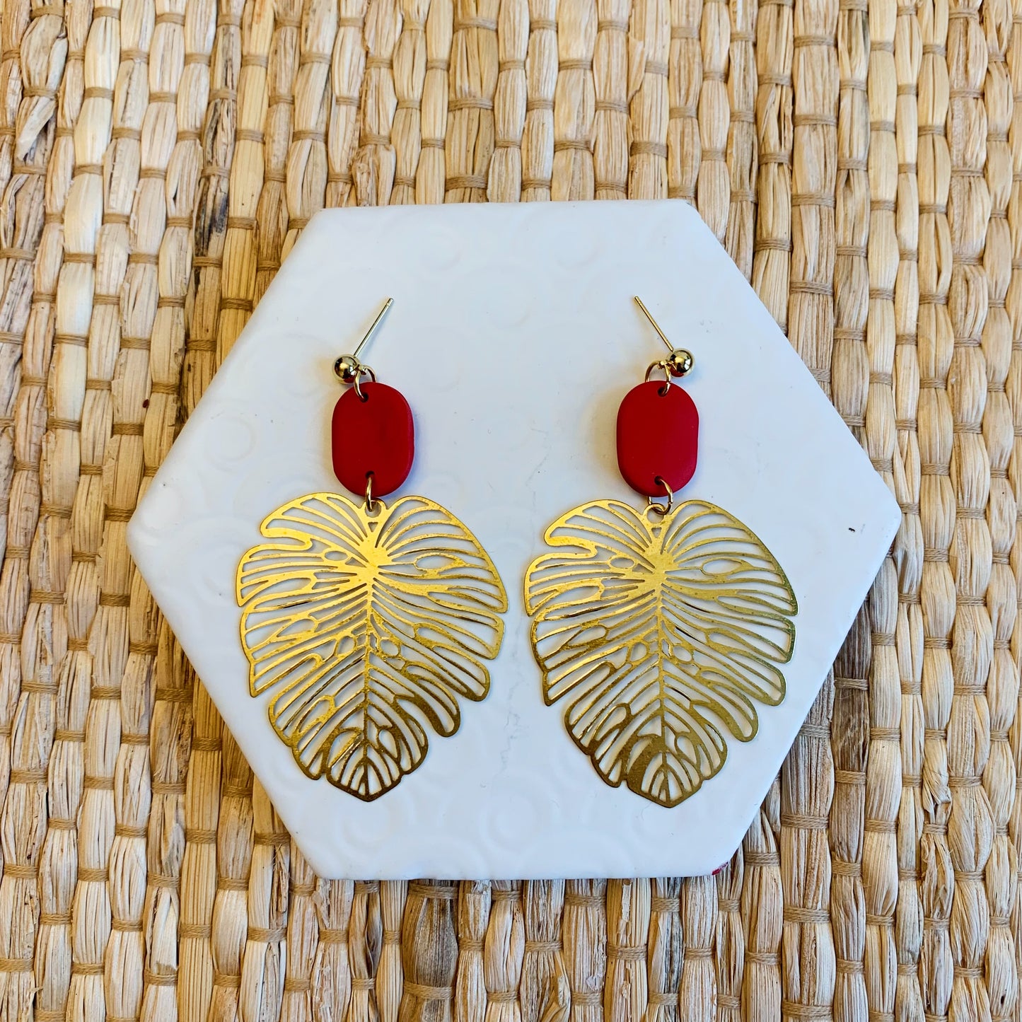 Georgia Red Large Leaf Ball Stud Earring